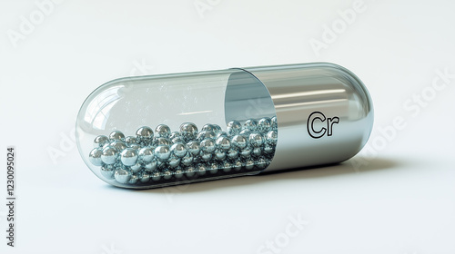 Simple glossy gray capsules with transparent sections and 'Cr' label, representing chromium supplement for health and wellness. photo