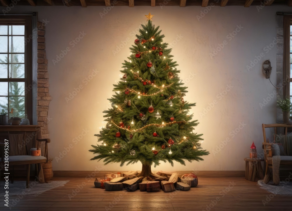 Rustic Christmas Tree with Natural Elements and Twinkling Lights, elemental, wild, christmas tree Rustic Christmas Tree with Natural Elements and Twinkling Lights, elemental, wild, christmas tree