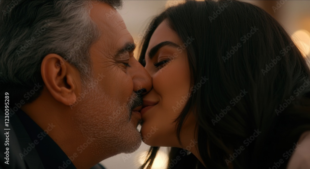 Heartfelt romance between mature caucasian male and young hispanic female in intimate close-up kiss Heartfelt romance between mature caucasian male and young hispanic female in intimate close-up kiss