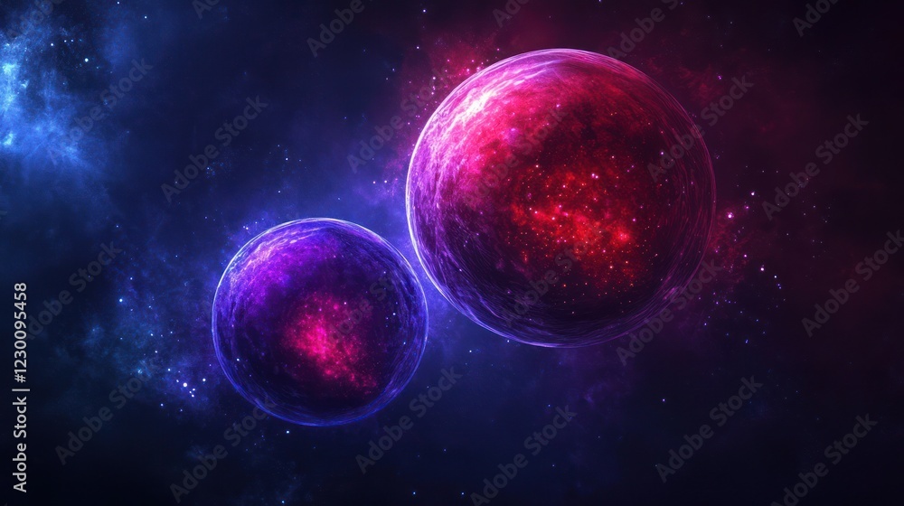 Fototapeta premium Two glowing planets in nebula, cosmic space. Sci-fi background, perfect for fantasy art
