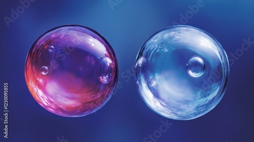 Wallpaper Mural Two iridescent spheres, floating, blue background, abstract science Torontodigital.ca