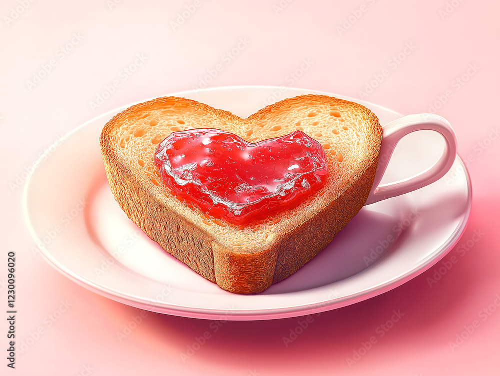Heart-shaped jam spread on toast with coffee for a romantic touch Heart-shaped jam spread on toast with coffee for a romantic touch