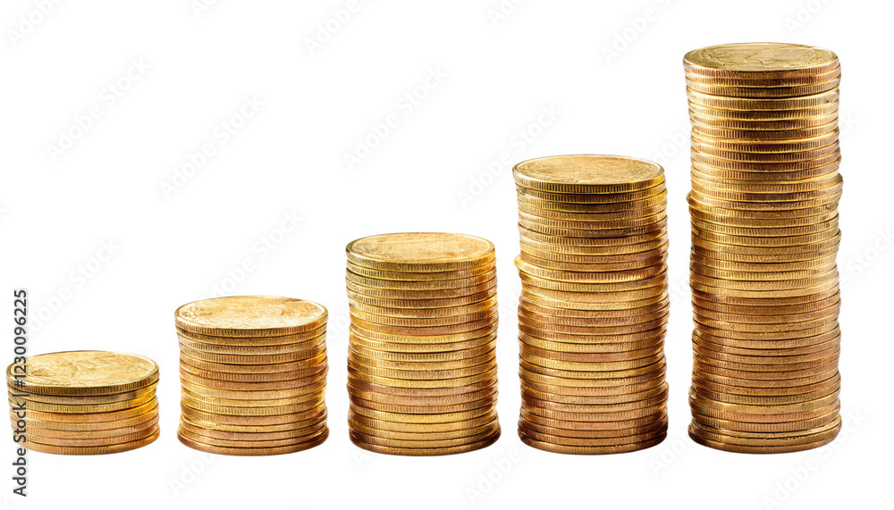 Stacks of gold coins growth up plan on white isolated background. Stacks of gold coins growth up plan on white isolated background.