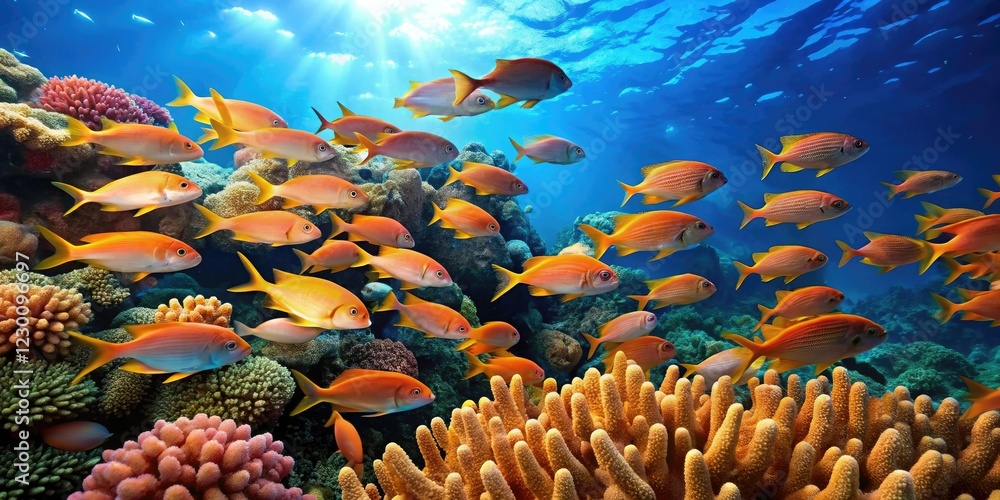 Fototapeta premium School of fish swimming through coral with seaweed, aquatic life, seaweed forests, underwater world