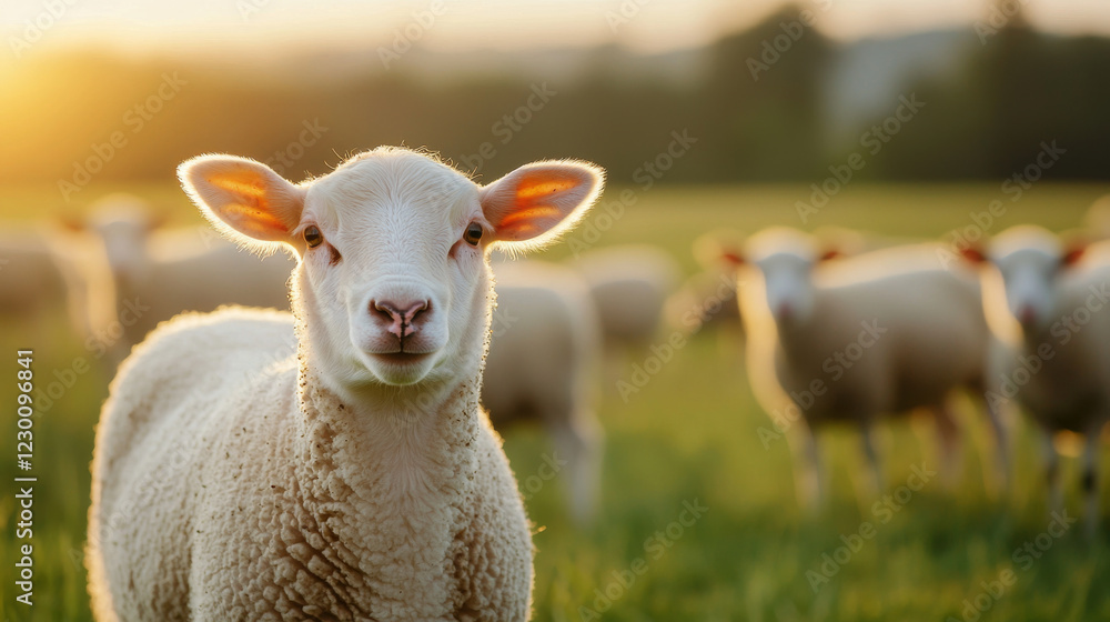 sheep stands in green field during sunset, surrounded by other sheep sheep stands in green field during sunset, surrounded by other sheep
