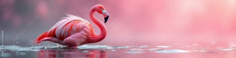 Obraz premium Flamingo's delicate feathers dance with water droplets, water, pink skies, feathers