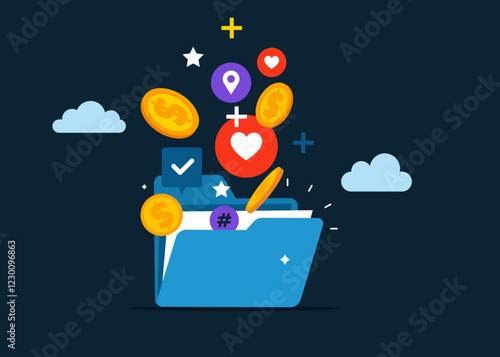 Digital folder with coin, money. Donation and charity concept. Modern vector illustration in flat style. 