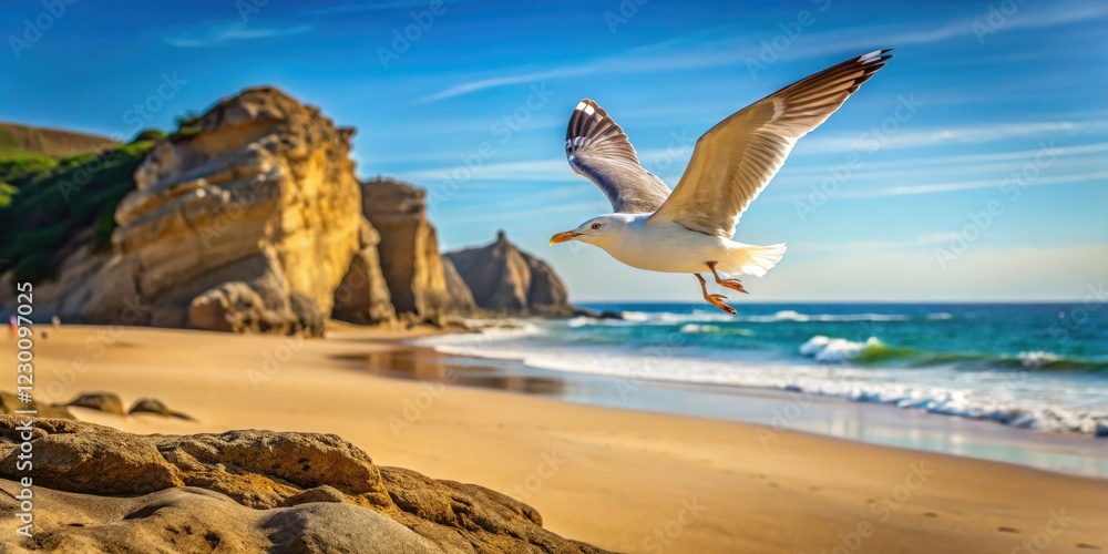 Naklejka premium Seagull flying over sandy beach with small rocky outcropping in the foreground, wildlife, beach scene, sand, coastline