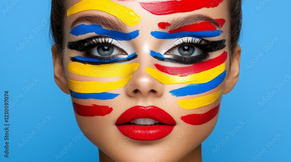 Vibrant Face Paint: A closeup portrait of a beautiful woman with vibrant colors painted across her face, creating a bold and expressive work of art. The colors are bold and striking. Vibrant Face Paint: A closeup portrait of a beautiful woman with vibrant colors painted across her face, creating a bold and expressive work of art. The colors are bold and striking.