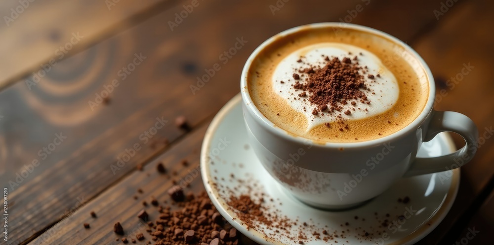 Fototapeta premium Foamy coffee surface with a sprinkle of dark chocolate shavings on a wooden table, creamy, dessert