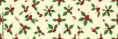 Seamless Christmas pattern with festive holly leaves in beige color, holiday decor, holiday design