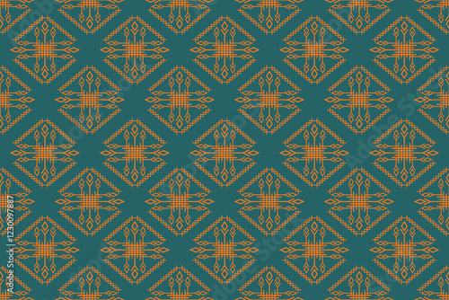 Vintage chevron folk fabric, Thai geometric ikat vector, Thai folk embroidery, Blue yellow wallpaper