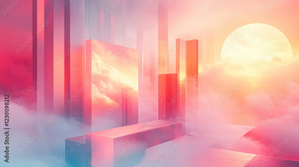 Fototapeta premium Surreal Sunset Pink Geometric Cloudscape Abstract Architecture