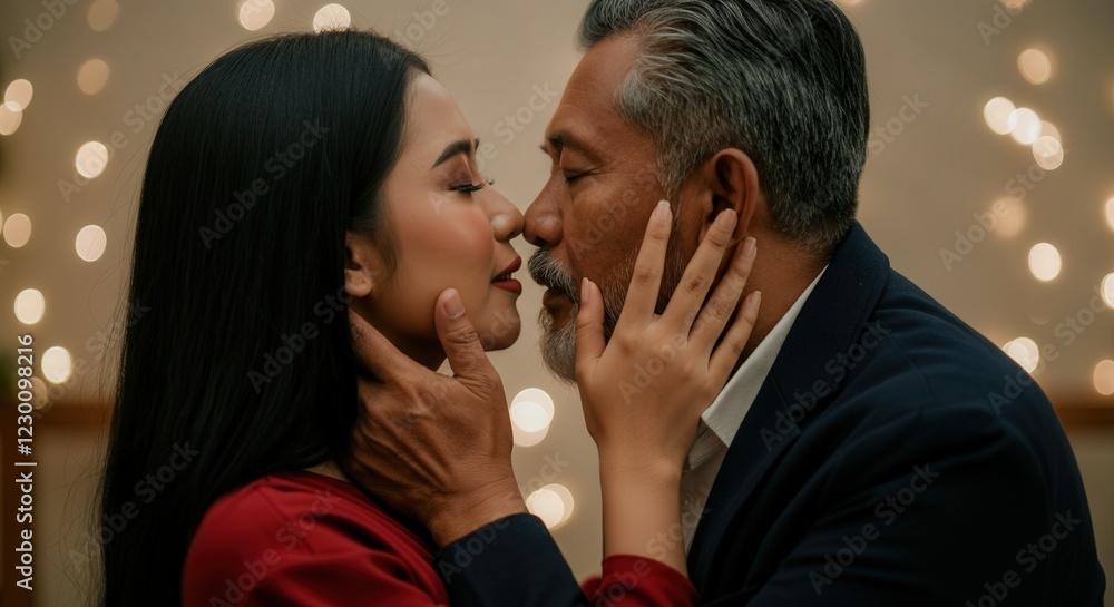 Fototapeta premium Romantic moment between mature asian couple in elegant attire with warm lighting