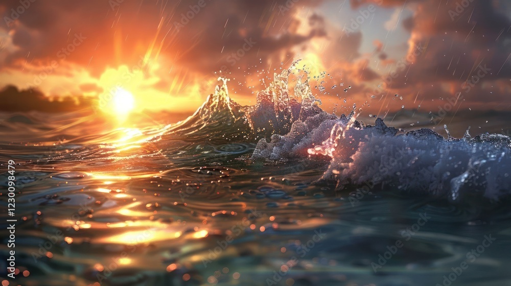 Naklejka premium Serene sunset over ocean waves with shimmering reflections and dramatic clouds