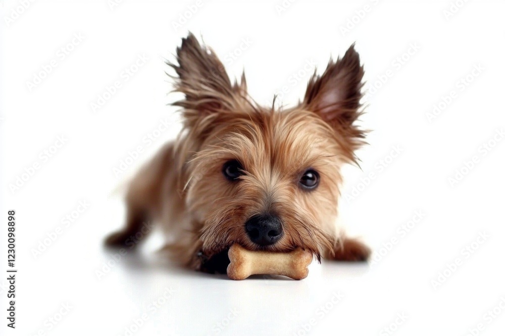 Skye Terrier is playfully chewing on bone highlighting its curiosity and energy. clean white background emphasizes dog's features and playful attitude. Skye Terrier is playfully chewing on bone highlighting its curiosity and energy. clean white background emphasizes dog's features and playful attitude.