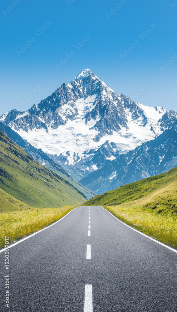 Naklejka premium scenic road leads to majestic snow capped mountain under clear blue sky