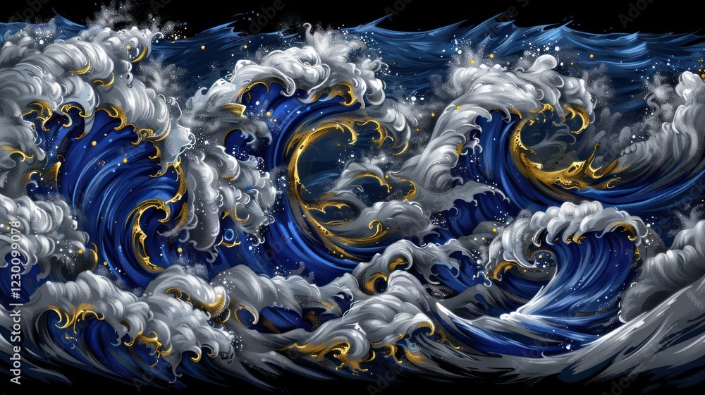 Dynamic ocean waves crashing with intricate details and swirling patterns in a dark background Dynamic ocean waves crashing with intricate details and swirling patterns in a dark background