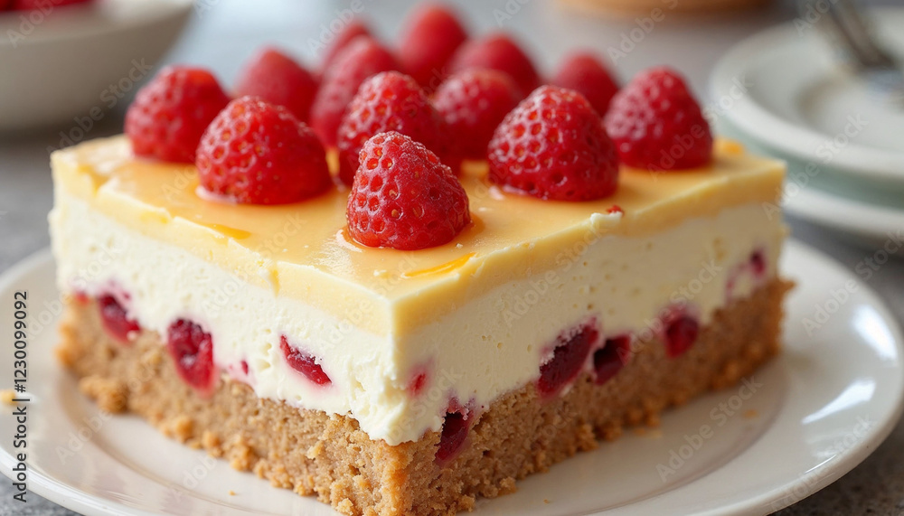 Delicious layered dessert with cream and fruit filling Delicious layered dessert with cream and fruit filling