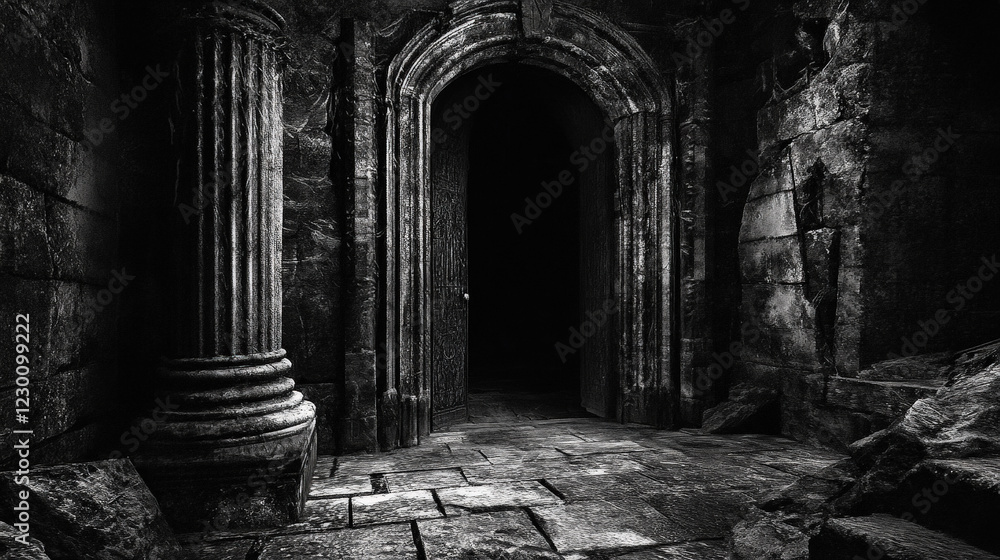 Fototapeta premium Ancient Black and White Stone Passage into Darkness