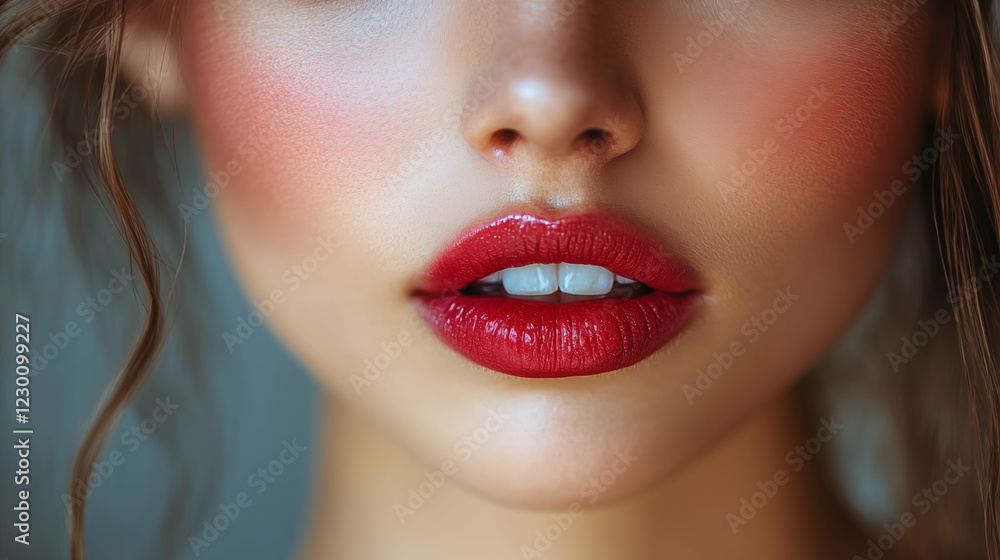 Asian woman with bright red lipstick and flawless skin in close-up beauty portrait. Concept of cosmetics and modern makeup trends Asian woman with bright red lipstick and flawless skin in close-up beauty portrait. Concept of cosmetics and modern makeup trends