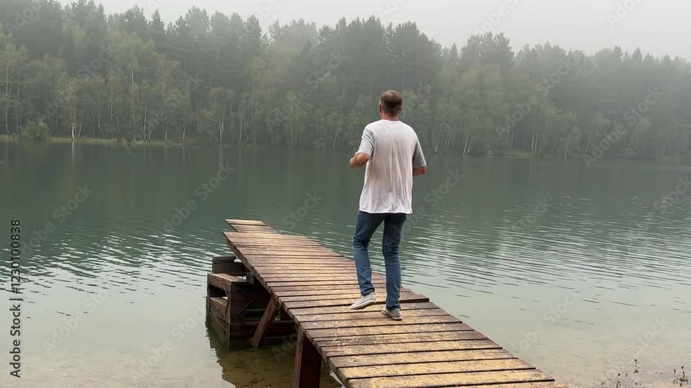 A mature man engages in warm-up exercises on a wooden dock by the tranquil lake surrounded by trees. A mature man engages in warm-up exercises on a wooden dock by the tranquil lake surrounded by trees.