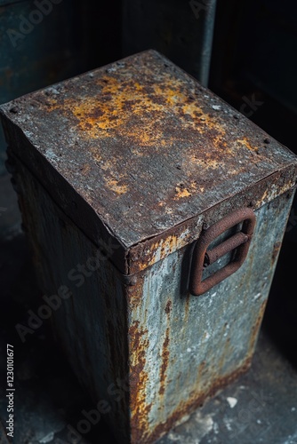 An old, rusted metal storage box. Sits on the ground in an industrial setting.