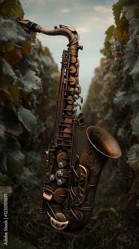 Antique Saxophone in a Vineyard at Dusk photo