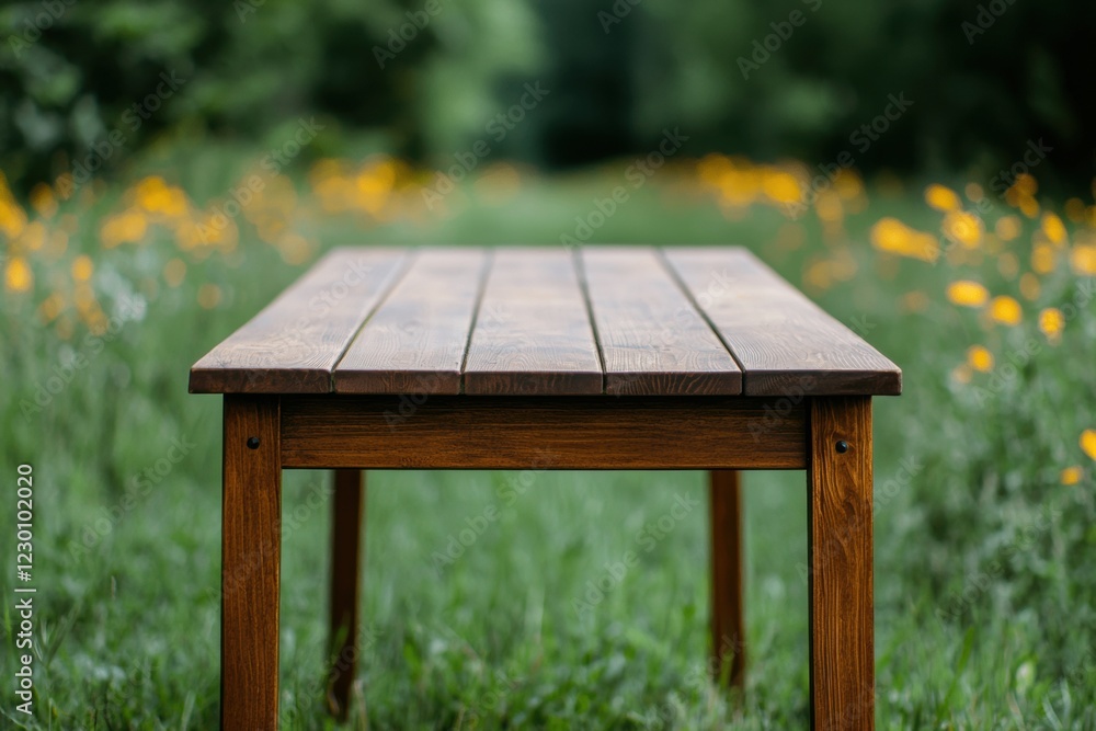 Fototapeta premium Wooden table standing on grassy field with blurred wildflowers in background