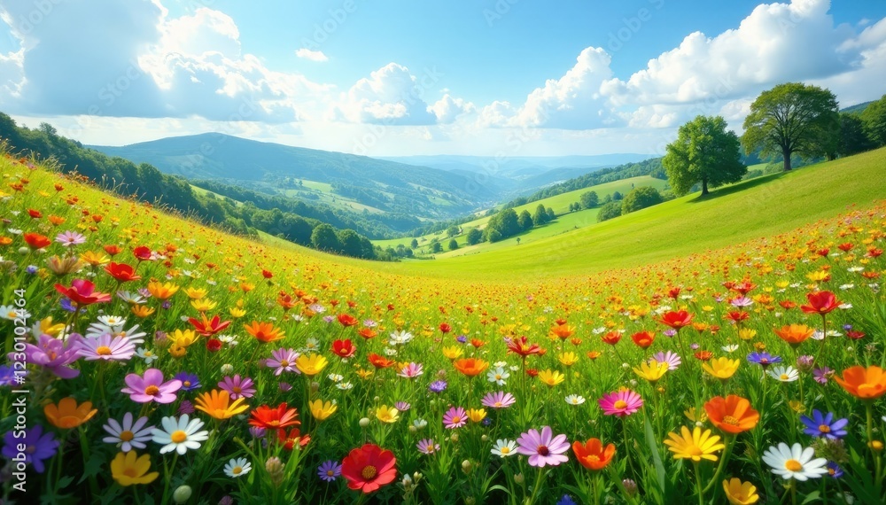 Rolling hills covered in a sea of colorful wildflowers, valleys, meadow, flowers Rolling hills covered in a sea of colorful wildflowers, valleys, meadow, flowers