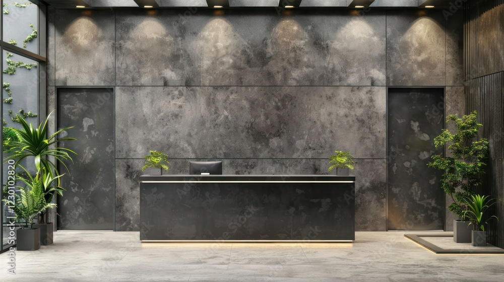 Modern reception area with sleek design, greenery, and natural light illuminating the space