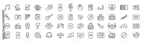 Music icon set. Audio, sound instrument symbols collection. Media tool, note icons. Vector icons