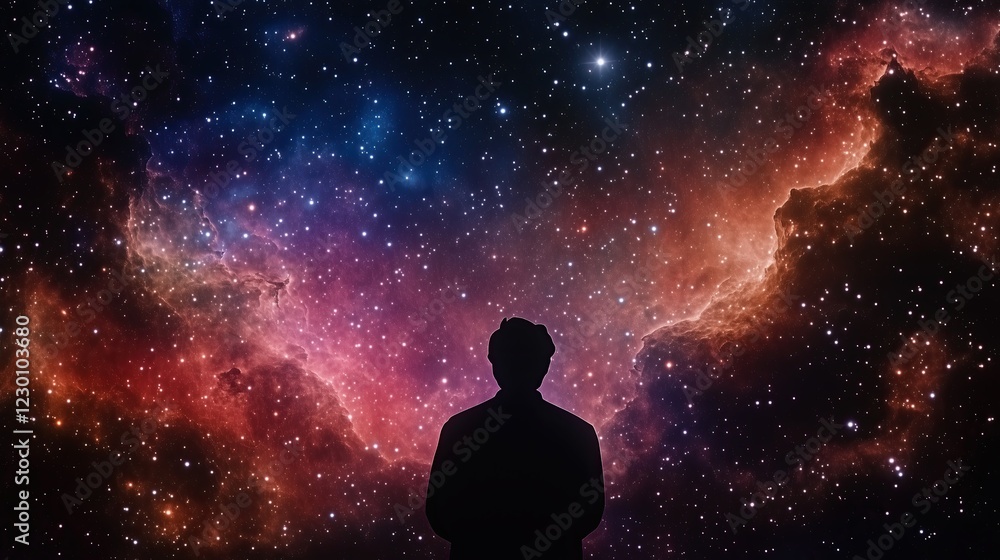Double exposure artwork of a thoughtful man fading into the vastness of space, merging with luminous galaxies Double exposure artwork of a thoughtful man fading into the vastness of space, merging with luminous galaxies