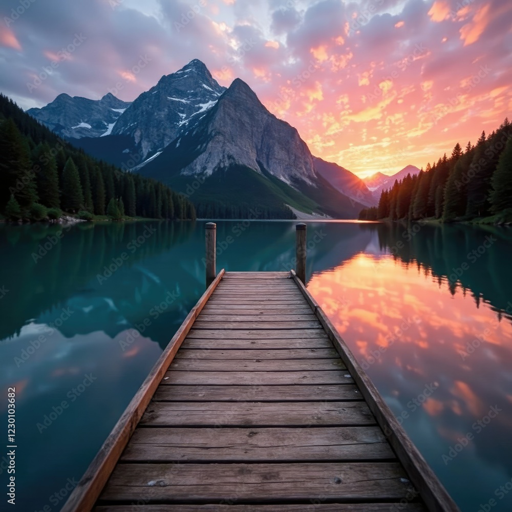 serene mountain lake with wooden dock at sunset, lakes, reflections serene mountain lake with wooden dock at sunset, lakes, reflections