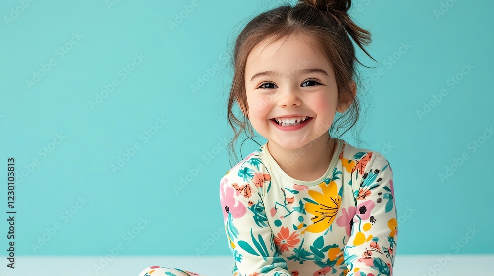 Cute child smiling brightly in pastel outfit, sitting on a clean white floor, advocating for clean drinking water to prevent infections.