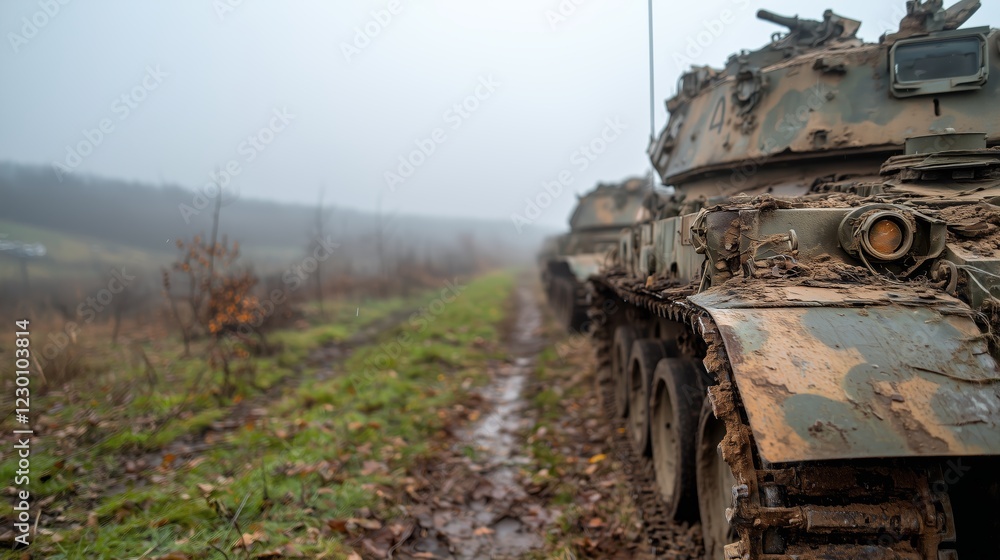 Fototapeta premium Ruins and Fog Creating Dramatic Military Scene