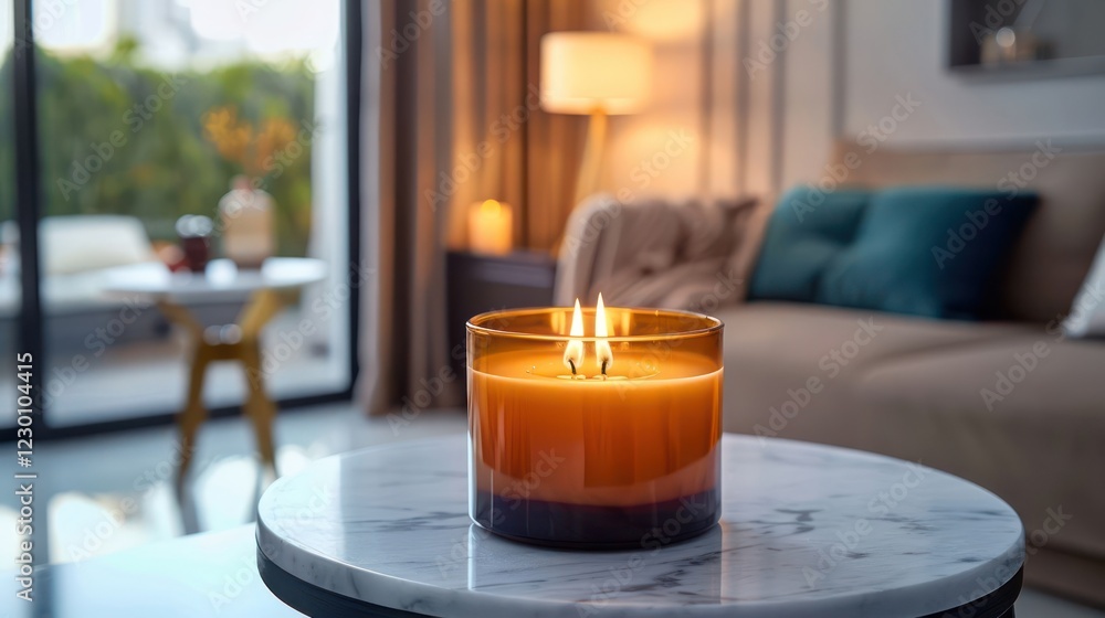 Cozy living room with a glowing candle on a marble table, soft lighting, and a serene backdrop Cozy living room with a glowing candle on a marble table, soft lighting, and a serene backdrop