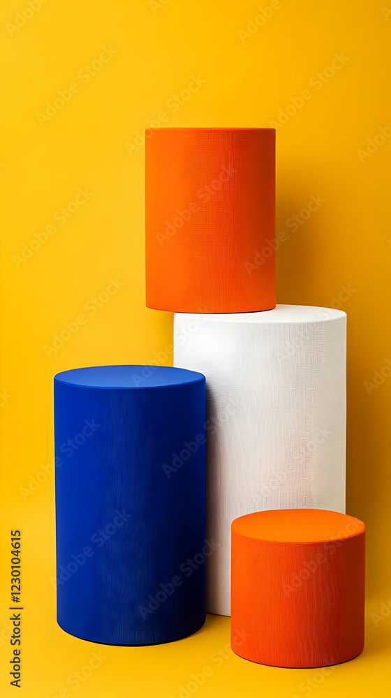 Colorful cylinders on yellow background