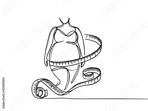 Single continuous line drawing obese woman wrapped in measuring tape. Self-awareness. It's already gone way beyond limit. Back to healthy living. World Obesity Day. One line design vector illustration