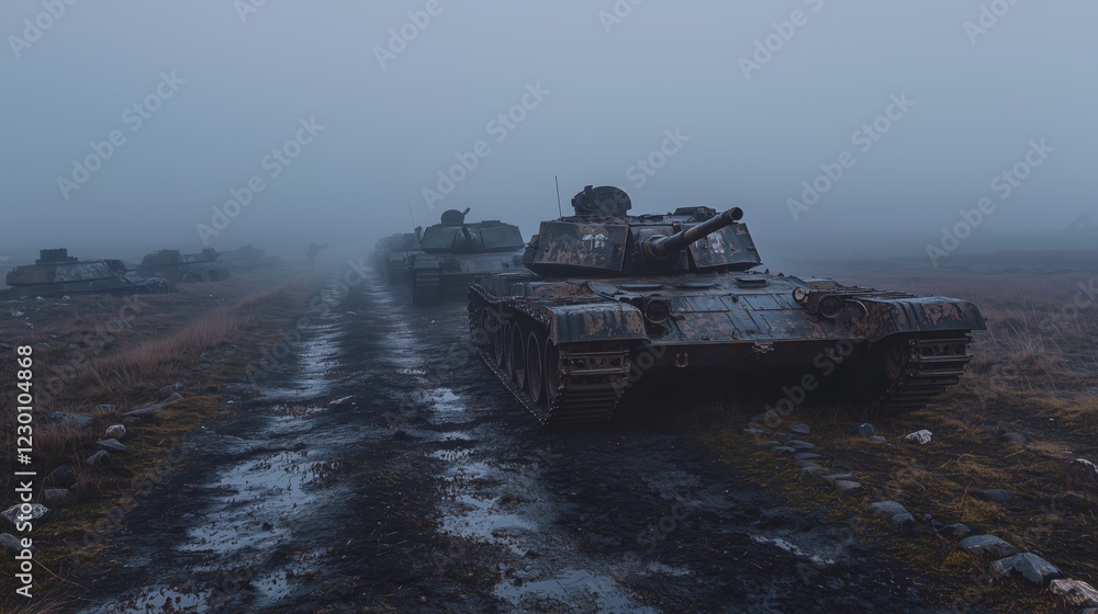 Military Convoy in Misty Morning Atmosphere Military Convoy in Misty Morning Atmosphere