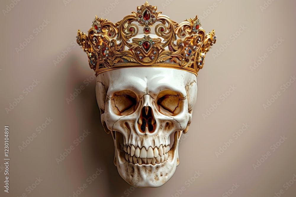 A striking skull adorned with a regal golden crown, epitomizing a blend of elegance and mortality. Crowned Skull, Triumph and Decay, Eternal King A striking skull adorned with a regal golden crown, epitomizing a blend of elegance and mortality. Crowned Skull, Triumph and Decay, Eternal King