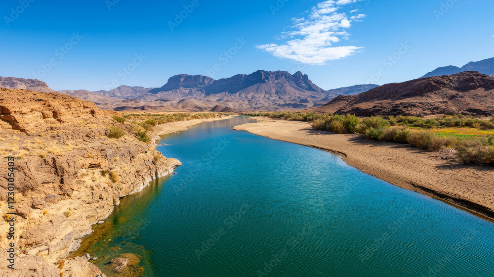 serene river flows through desert landscape with mountains in background, showcasing nature beauty serene river flows through desert landscape with mountains in background, showcasing nature beauty