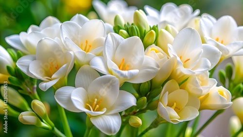 Close-up of White and Pale Yellow Freesia Flowers
