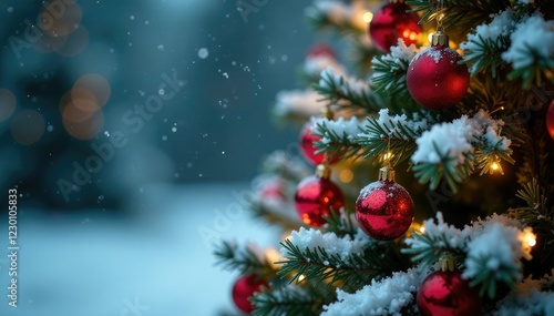 Wallpaper Mural Sparkling snow-covered Christmas tree decorated with festive holly and red berries, berries, festive decor Torontodigital.ca