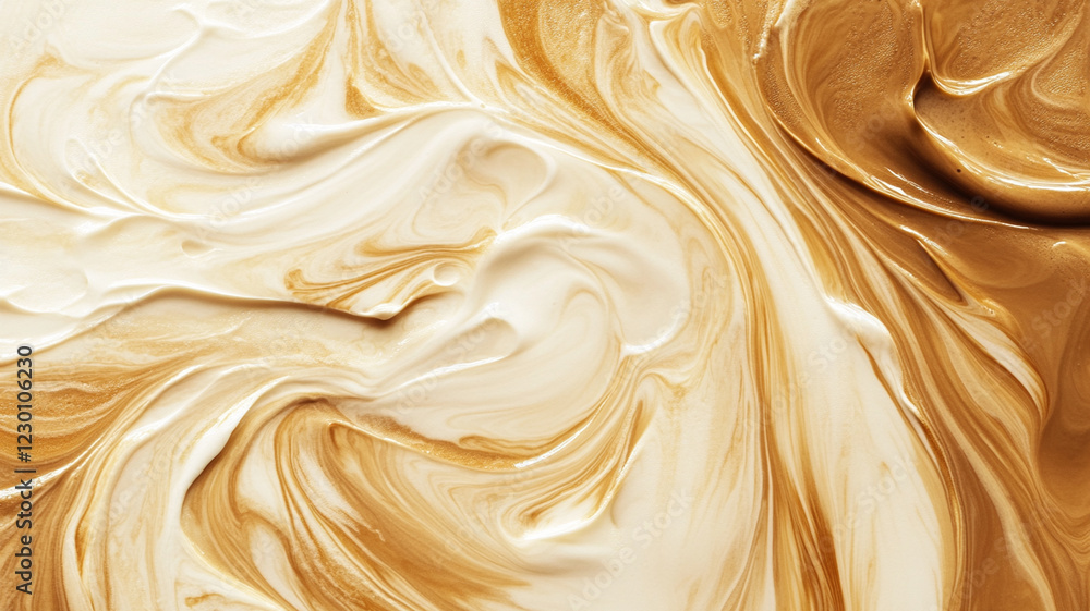 Swirling cream and caramel mixture creating a smooth, abstract pattern, perfect for culinary designs Swirling cream and caramel mixture creating a smooth, abstract pattern, perfect for culinary designs