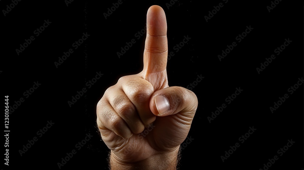 Hand gesture showing one finger on a black background Hand gesture showing one finger on a black background