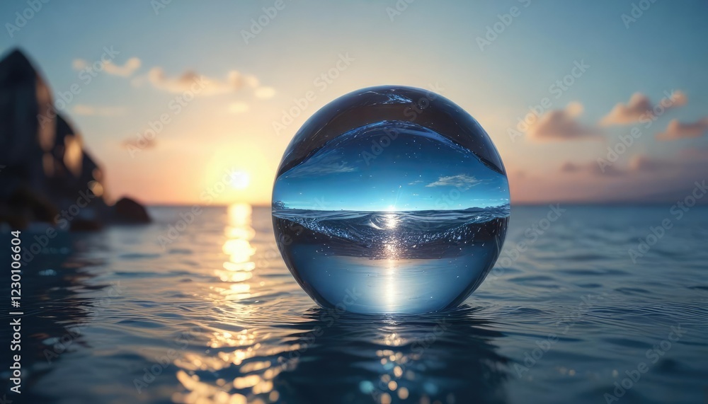 Sparkling crystal orb floating in a tranquil ocean of blue surrounding a delicate glowing triangle shape, triangle, ocean Sparkling crystal orb floating in a tranquil ocean of blue surrounding a delicate glowing triangle shape, triangle, ocean