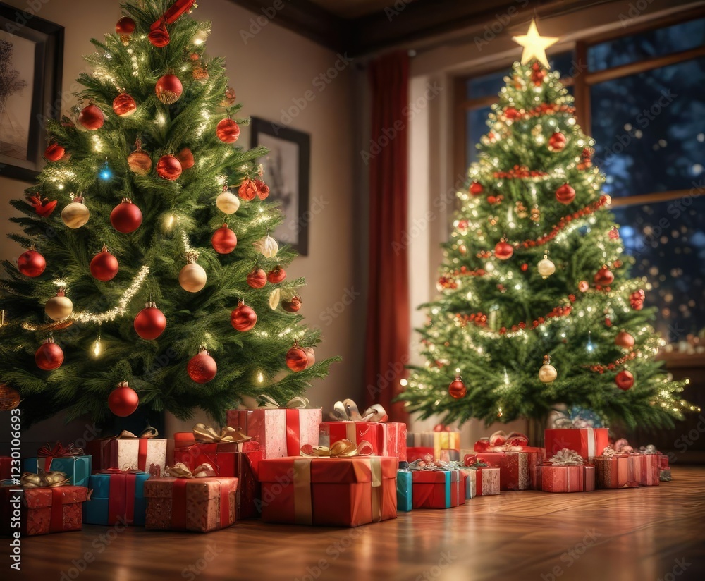 Sparkling presents under a large Christmas tree, gifts, festive atmosphere Sparkling presents under a large Christmas tree, gifts, festive atmosphere