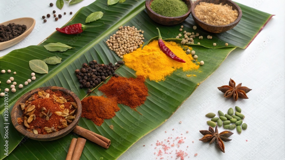 Spices arranged artfully on banana leaves in a colorful Indian-inspired still life, aromatic spices, traditional recipe, natural fibers, spices