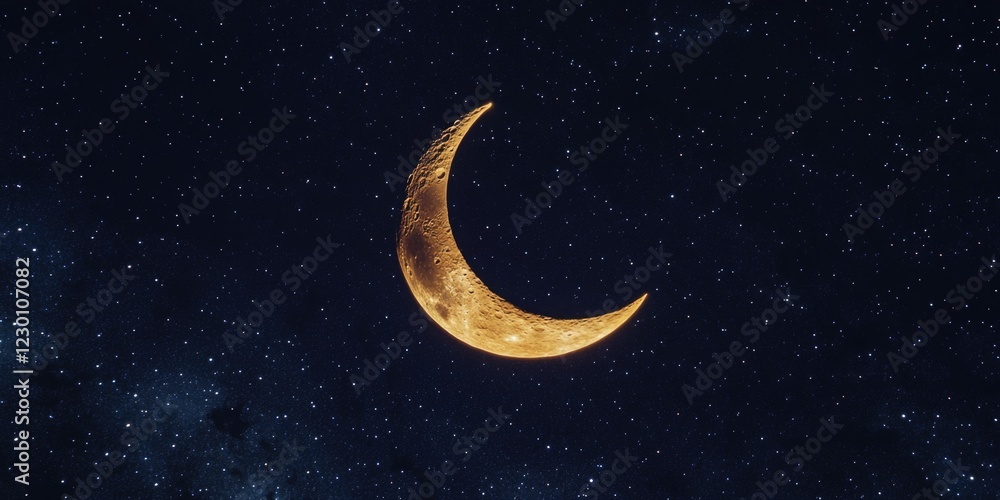 Naklejka premium A large, golden crescent moon with a star-filled night sky as its backdrop.